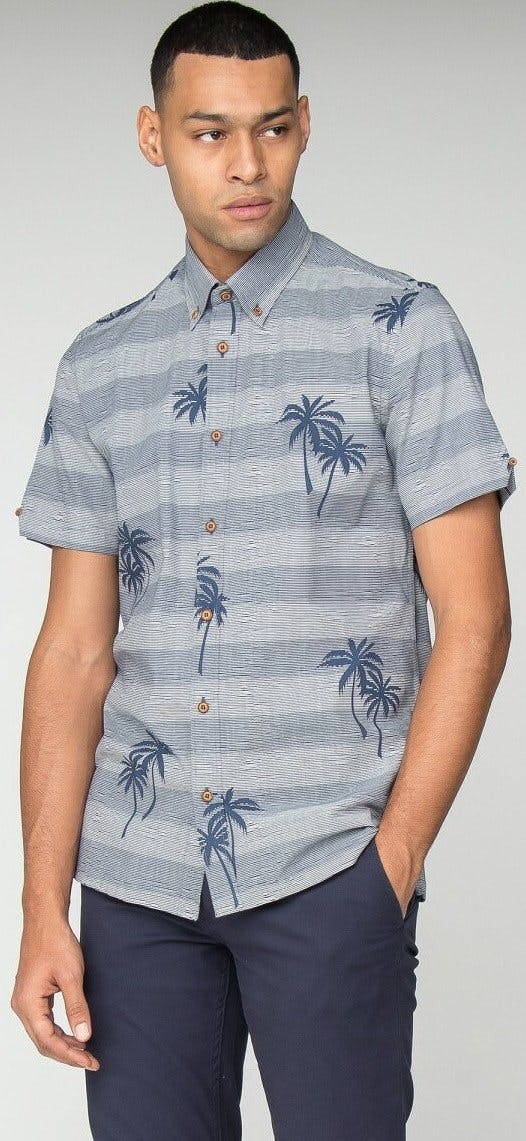 Product gallery image number 1 for product Short Sleeve Striped Palm Print Shirt - Men's